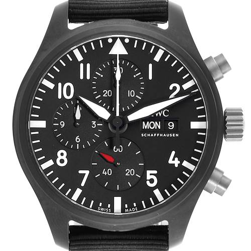 This image shows a front view of the IWC Pilot IW389101 Men's Ceramic Black Dial IW389101 Men's Ceramic Black Dial watch, displaying its dial, subdials, crown, and pushers.