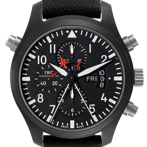 This image shows a front view of the IWC Pilot IW379901 Men's Ceramic Black Dial IW379901 Men's Ceramic Black Dial watch, highlighting the dial, hands, date window, and chronograph buttons.