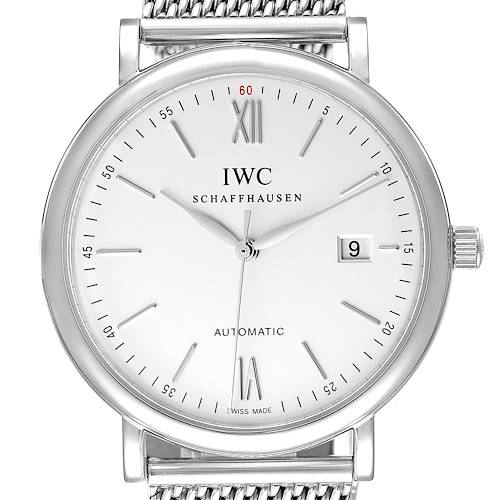 The image shows a front view of the IWC Portofino IW356505 Men's Stainless Steel Silver Dial IW356505 Men's Stainless Steel Silver Dial watch displaying its face, dial, hands, and a part of the metal mesh strap.