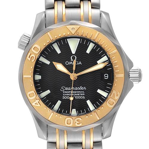 The image shows a front view of an Omega Seamaster 2453.50.00 Men's Steel and Gold (two tone) Black Dial 2453.50.00 Men's Steel and Gold (two tone) Black Dial watch, highlighting its bezel, dial, hands, and part of the bracelet.