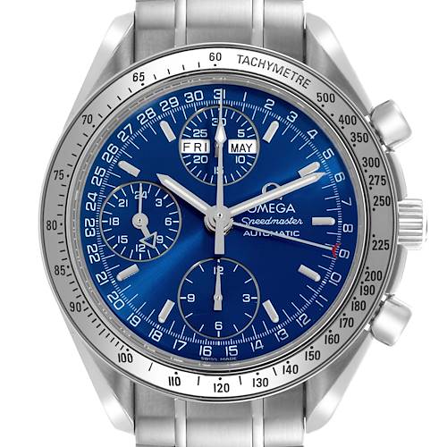 The Omega Speedmaster 3523.80.00 Men's Stainless Steel Blue Dial 3523.80.00 Men's Stainless Steel Blue Dial watch is shown from the front, displaying its blue dial, chronograph subdials, and tachymetric bezel.