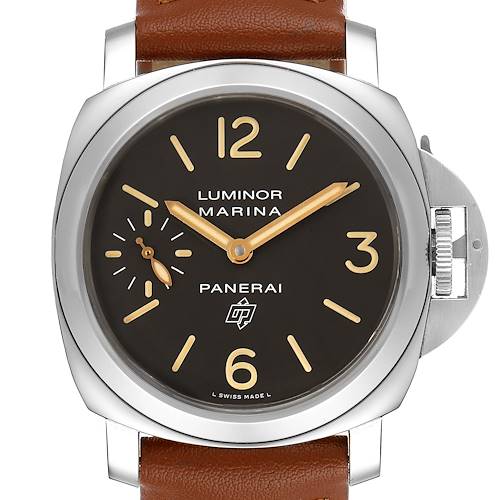 The image shows a front view of the Panerai Luminor PAM00632 Men's Stainless Steel Brown Dial PAM00632 Men's Stainless Steel Brown Dial Marina watch with a brown leather strap.