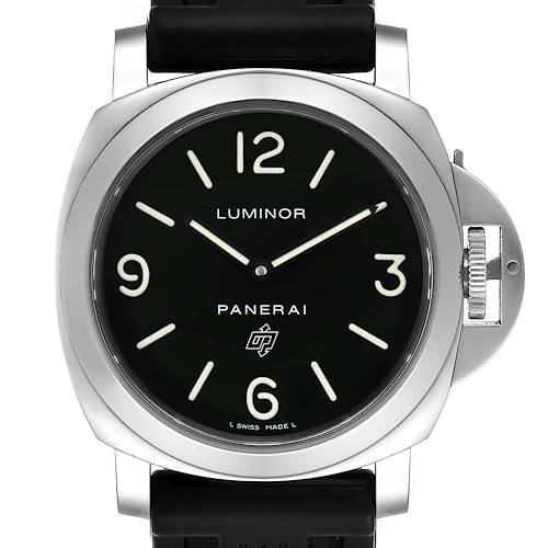 The image shows a front view of a Panerai Luminor PAM00000 Men's Stainless Steel Black Dial PAM00000 Men's Stainless Steel Black Dial watch, displaying the dial, hands, and part of the crown guard.