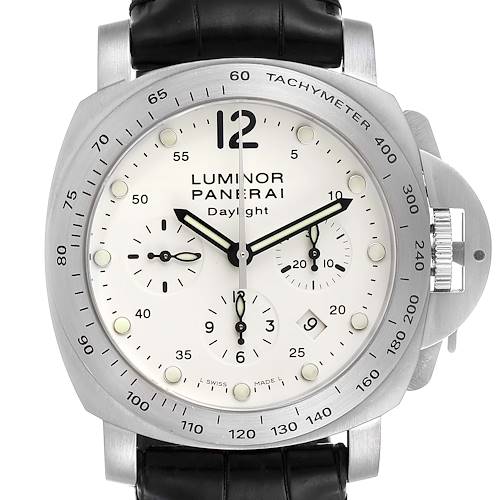 This Panerai Luminor PAM00251 Men's Stainless Steel Beige Dial PAM00251 Men's Stainless Steel Beige Dial watch is shown from the front, displaying its white dial, chronograph subdials, and tachymeter bezel.