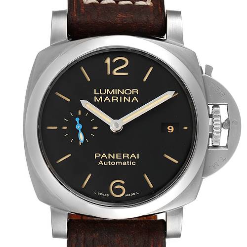 The image shows a front view of the Panerai Luminor PAM01392 Men's Stainless Steel Black Dial PAM01392 Men's Stainless Steel Black Dial Marina watch, featuring the face, bezel, and crown protector.