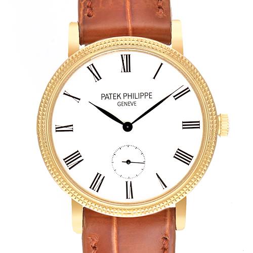 The image displays a front view of a Patek Philippe Calatrava 7119J Men's Yellow Gold White Dial 7119J Men's Yellow Gold White Dial watch with a brown leather strap and a gold case.