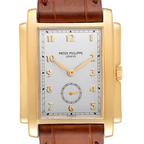The image displays a front view of the Patek Philippe Gondolo 5024J Men's Yellow Gold Silver Dial 5024J Men's Yellow Gold Silver Dial watch showing the face, numerals, hands, crown, and leather strap.
