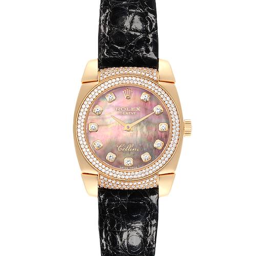 The Rolex Cellini 6311 Women's Yellow Gold Mother of Pearl Dial 6311 Women's Yellow Gold Mother of Pearl Dial watch is shown from a frontal angle, highlighting the face, bezel, and strap.