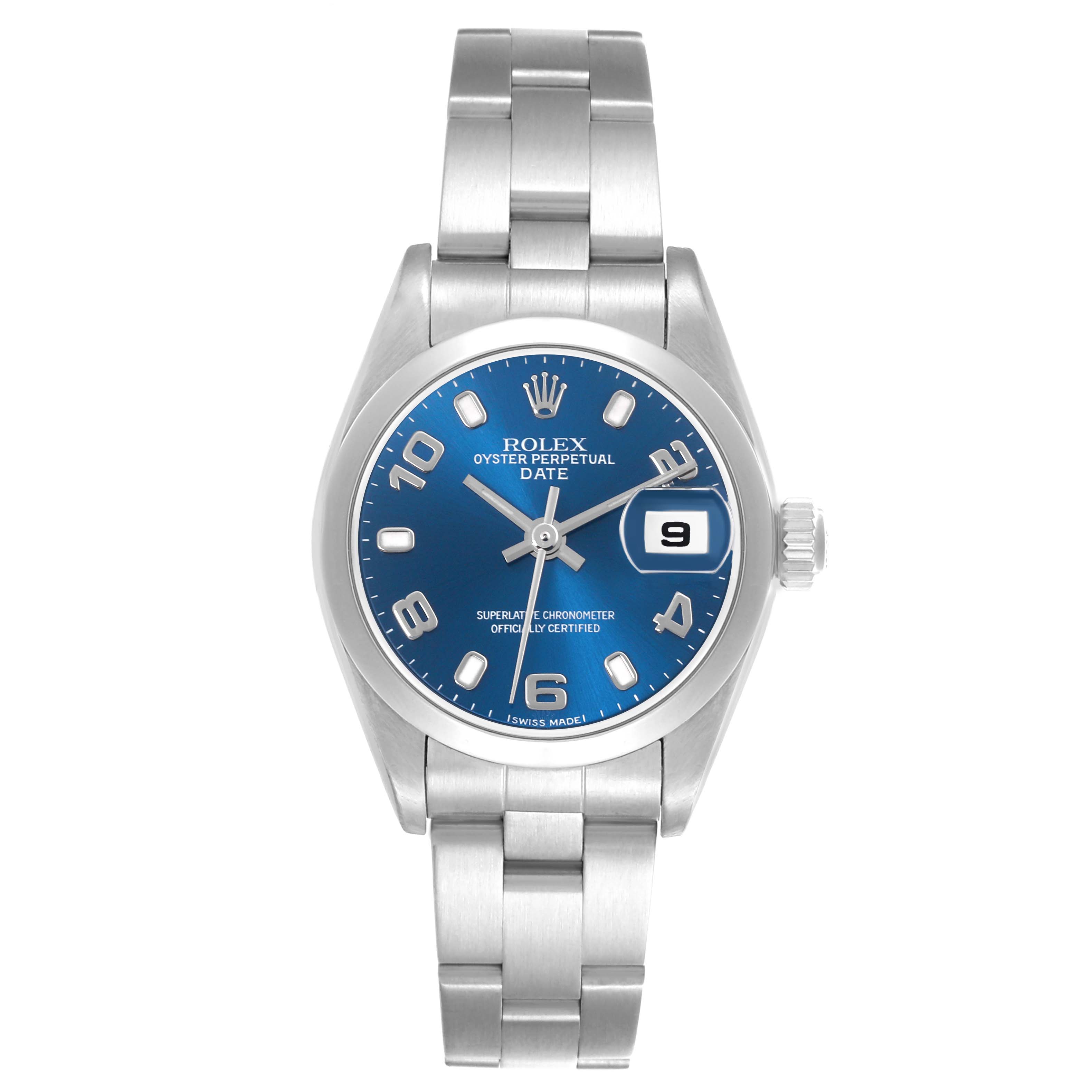 The Rolex Date 79160 Women's Stainless Steel Blue Dial 79160 Women's Stainless Steel Blue Dial model watch is shown from a front angle, displaying its blue dial, bracelet, and date window.