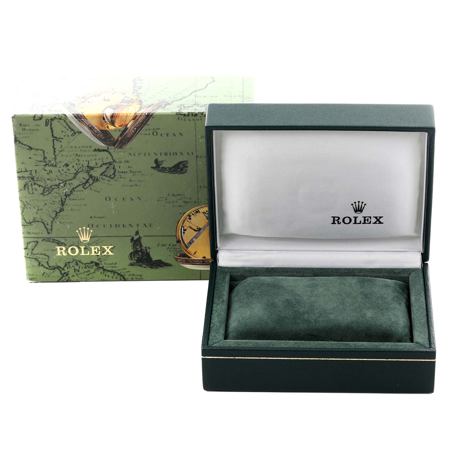 The image shows an empty Rolex Date 79160 Women's Stainless Steel Blue Dial 79160 Women's Stainless Steel Blue Dial watch box with its outer sleeve and cushion at a straight-on angle.