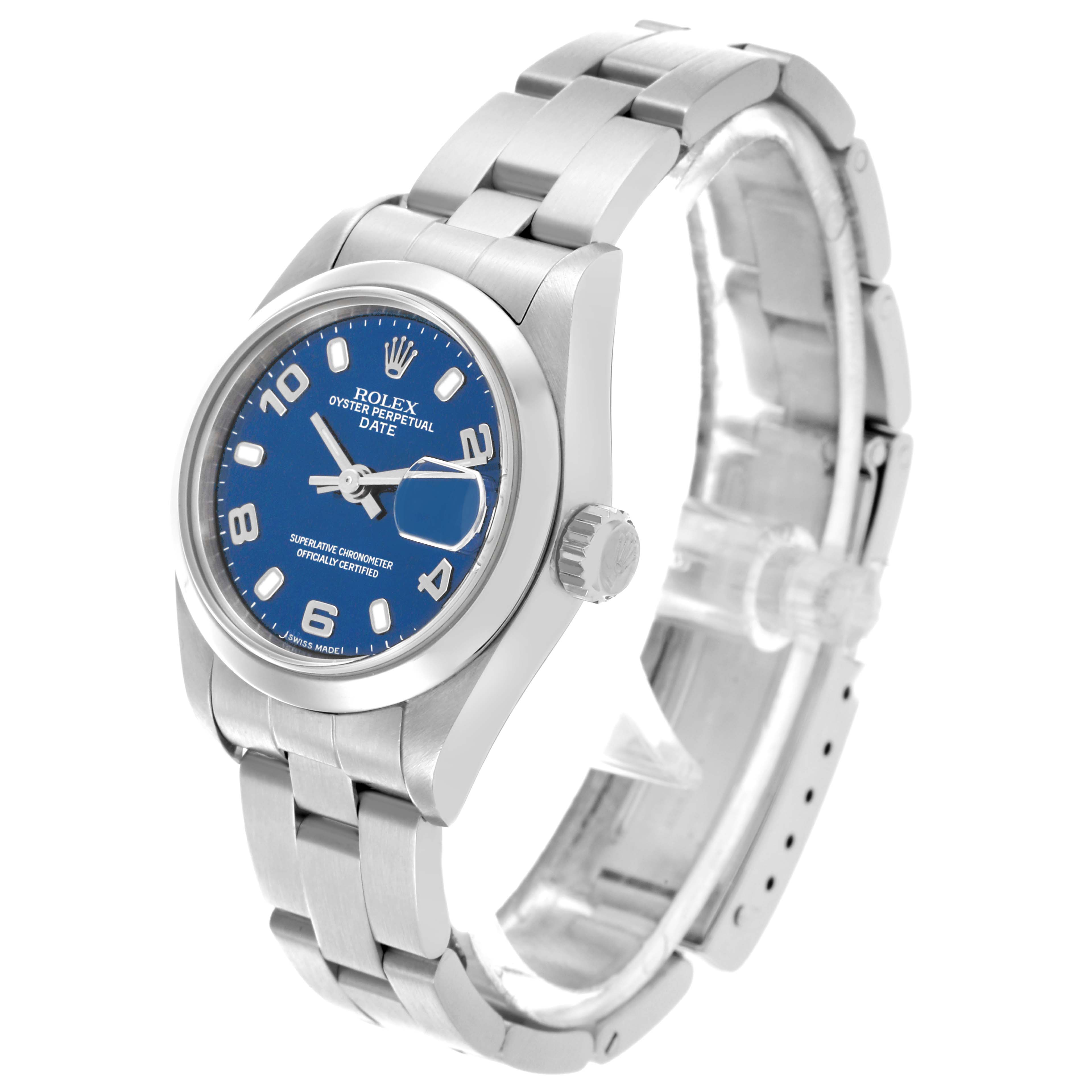The Rolex Date 79160 Women's Stainless Steel Blue Dial 79160 Women's Stainless Steel Blue Dial model watch is shown at a three-quarter angle, displaying the face, bracelet, and crown.