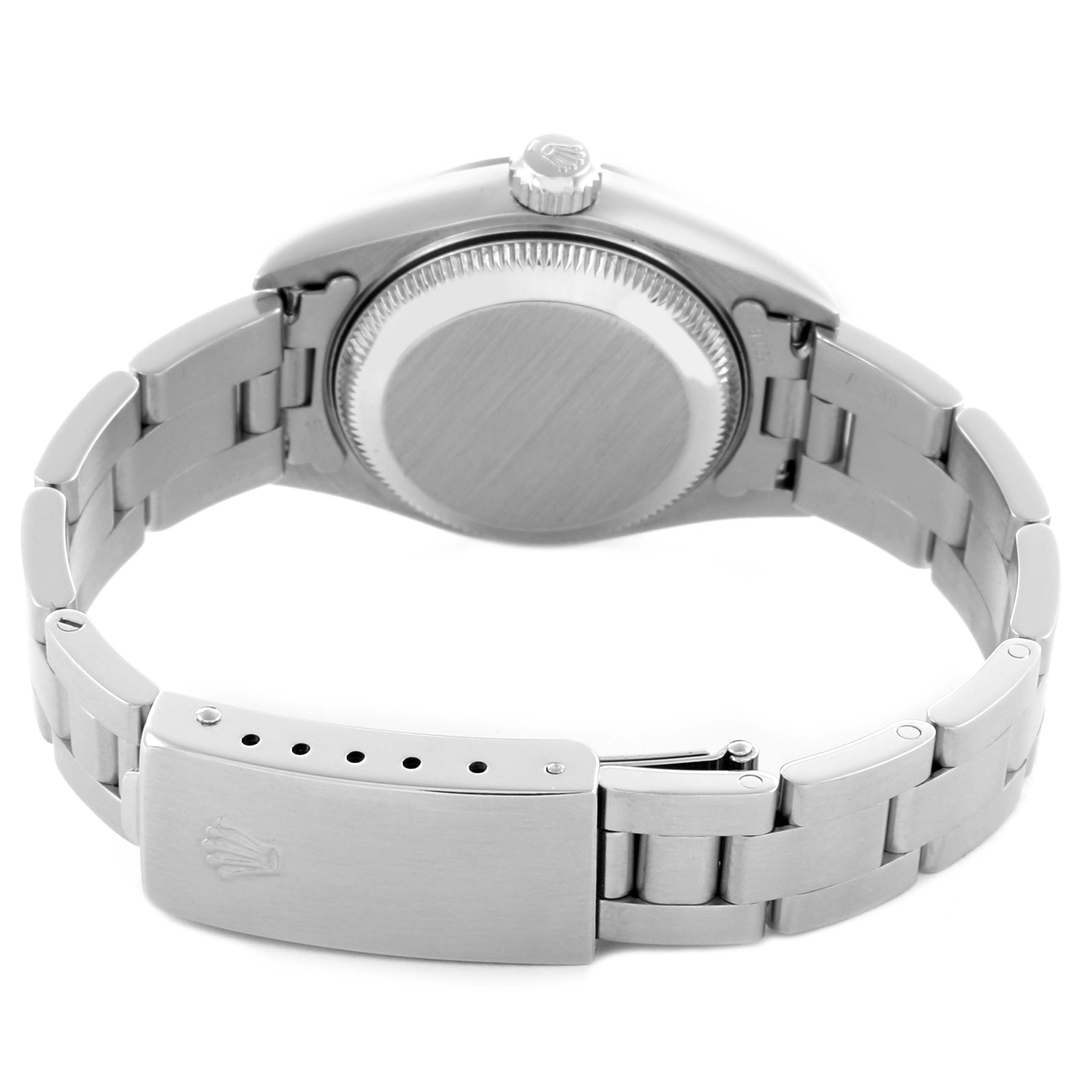 The image shows the back view of a Rolex Date 79160 Women's Stainless Steel Blue Dial 79160 Women's Stainless Steel Blue Dial watch, featuring the case back, bracelet, and clasp with the Rolex logo.