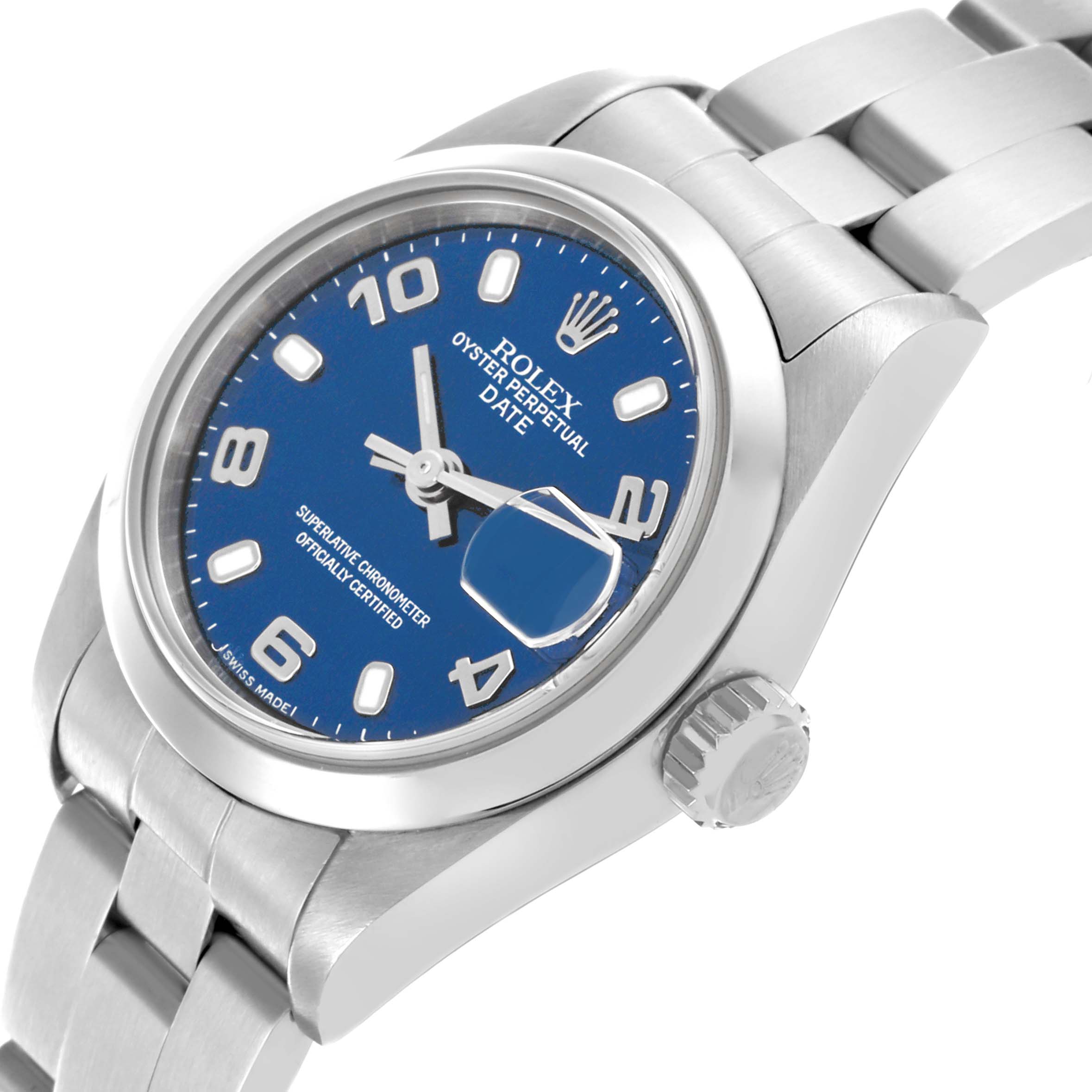 The Rolex Date 79160 Women's Stainless Steel Blue Dial 79160 Women's Stainless Steel Blue Dial model is shown at an angled side view, displaying the dial, bezel, crown, and a portion of the bracelet.