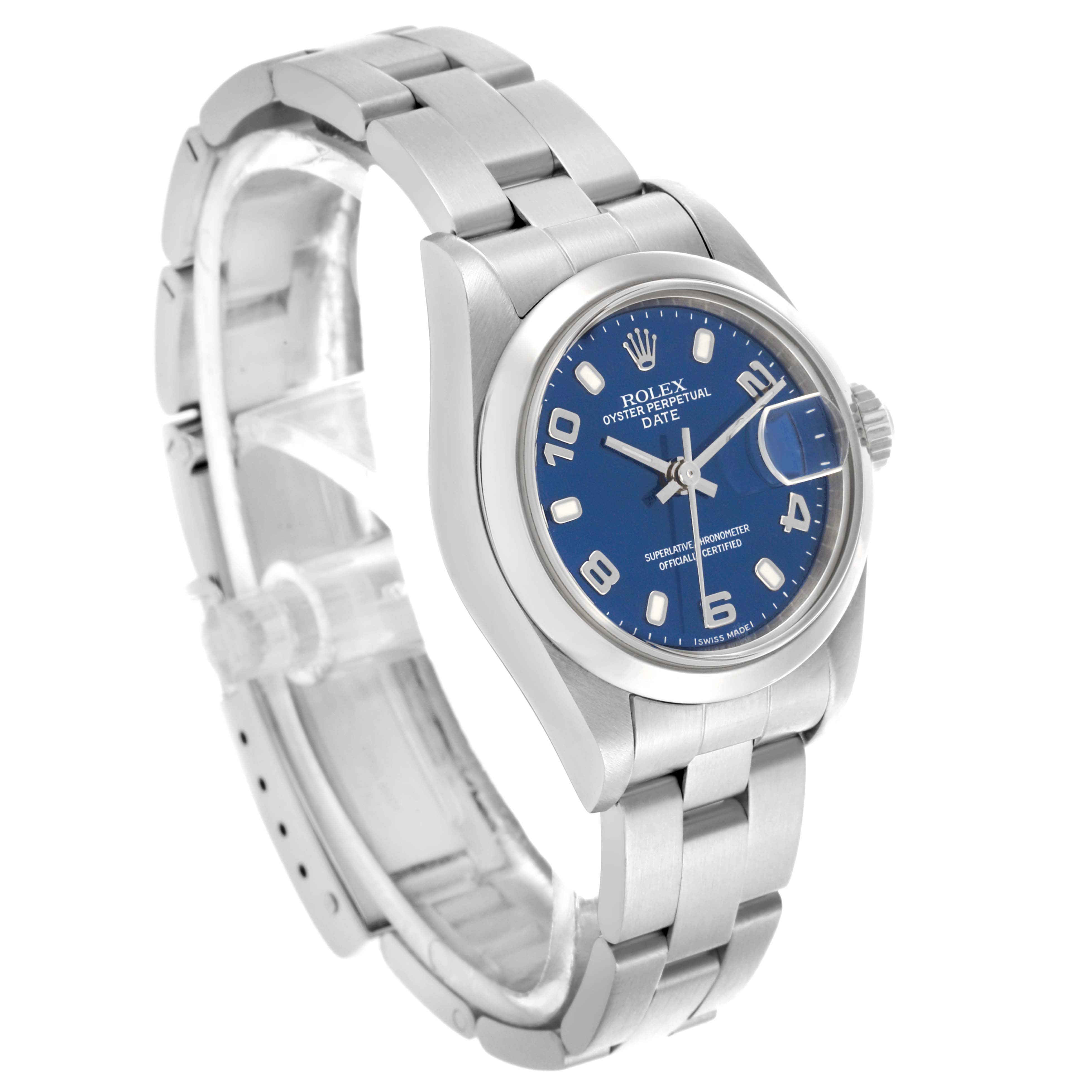 The Rolex Date 79160 Women's Stainless Steel Blue Dial 79160 Women's Stainless Steel Blue Dial watch is shown from a side angle, displaying the bracelet, case, blue dial, and cyclops lens over the date.