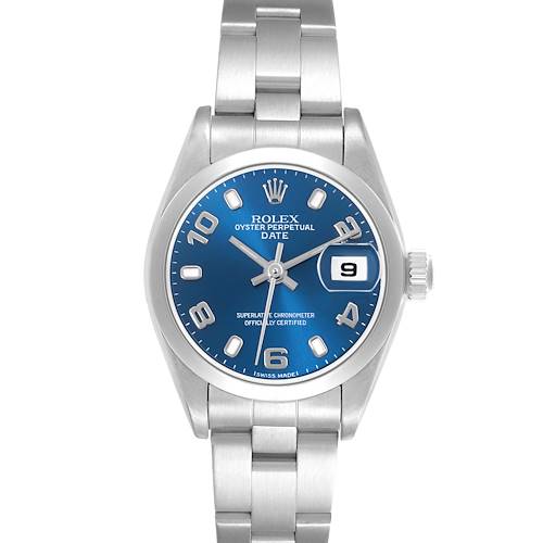 The Rolex Date 79160 Women's Stainless Steel Blue Dial 79160 Women's Stainless Steel Blue Dial model watch is shown from a top-down angle, displaying the face, bezel, dial, and metal bracelet.