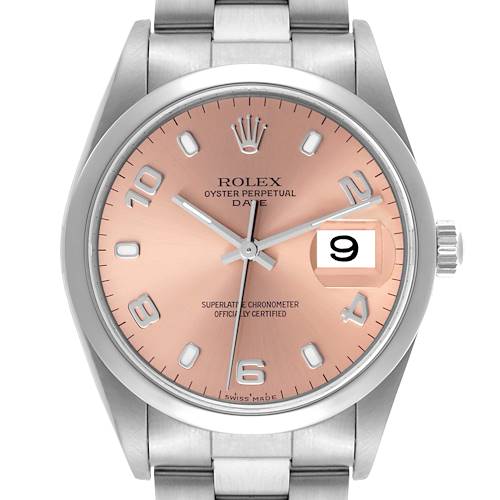 The Rolex Date 15200 Men's Stainless Steel Pink Dial 15200 Men's Stainless Steel Pink Dial model is shown from a front angle, displaying the dial, case, crown, and bracelet top.