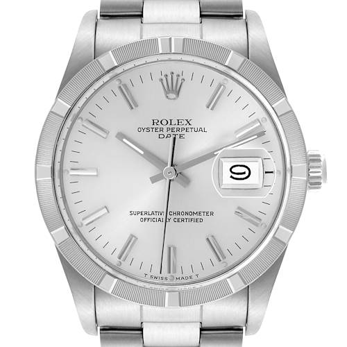 The image shows a front view of the Rolex Date 15010 Men's Stainless Steel Silver Dial 15010 Men's Stainless Steel Silver Dial model, displaying the dial, hands, date, and part of the bracelet.