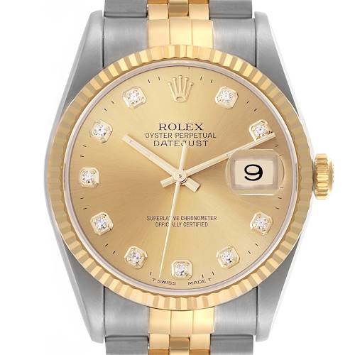 The image shows a front view of a Rolex Datejust 16233 Men's Steel and Gold (two tone) Champagne Dial 16233 Men's Steel and Gold (two tone) Champagne Dial watch, highlighting the dial, bezel, crown, and part of the bracelet.