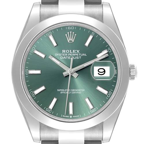 The Rolex Datejust 41 126300 Men's Stainless Steel Green Dial 126300 Men's Stainless Steel Green Dial watch is shown from a frontal angle, highlighting the green dial, hour markers, hands, and date window.