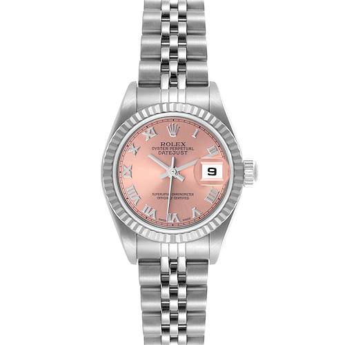 The Rolex Datejust 79174 Women's Stainless Steel Pink Dial 79174 Women's Stainless Steel Pink Dial watch is shown from a top view highlighting the dial, bezel, bracelet, and date window.