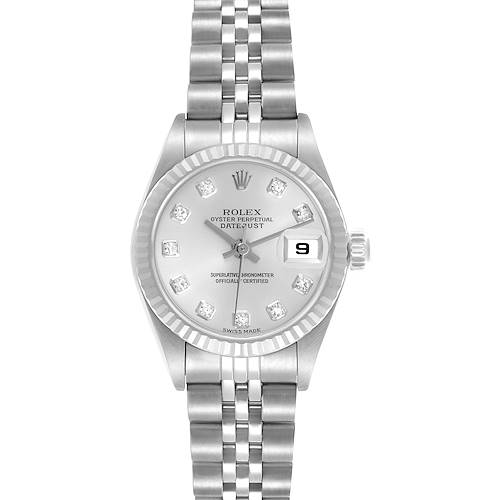 The Rolex Datejust 79174 Women's Stainless Steel Silver Dial 79174 Women's Stainless Steel Silver Dial watch is shown from a top-down angle, highlighting the bracelet, bezel, dial, and date feature.