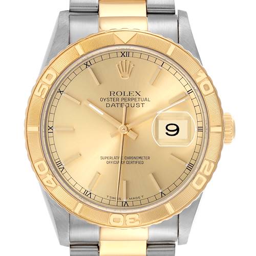 The Rolex Turn-o-Graph 16263 Men's Steel and Gold (two tone) Champagne Dial 16263 Men's Steel and Gold (two tone) Champagne Dial is shown from a front angle, highlighting the gold bezel, dial, and date display.