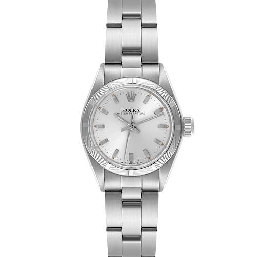 The Rolex Oyster Perpetual 6723 Women's Stainless Steel Silver Dial 6723 Women's Stainless Steel Silver Dial watch is shown from a front angle, highlighting its face, bezel, crown, and bracelet.