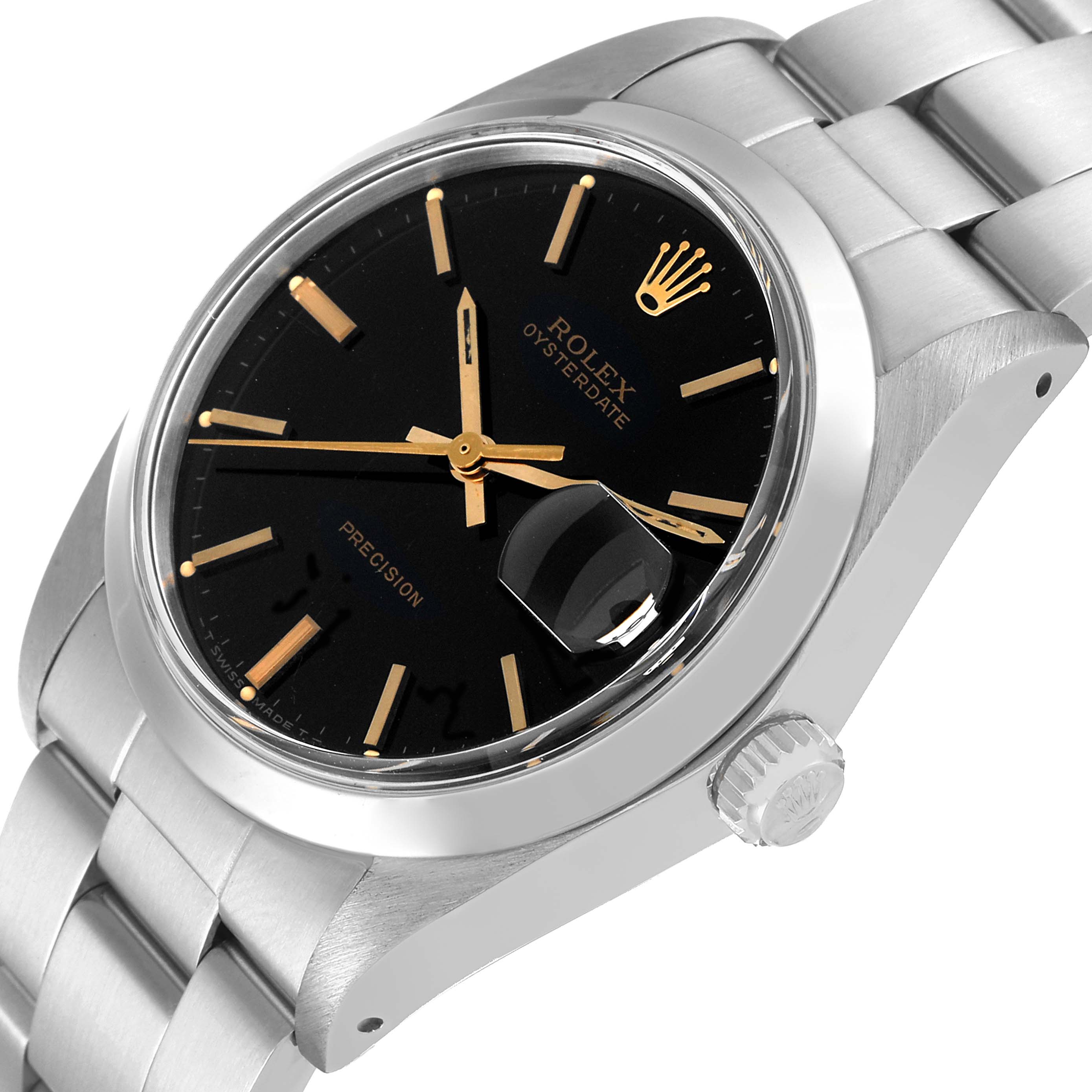 The image shows a Rolex Oysterdate Precision watch at a tilted angle highlighting its black dial, date magnifier, crown, and metal bracelet.