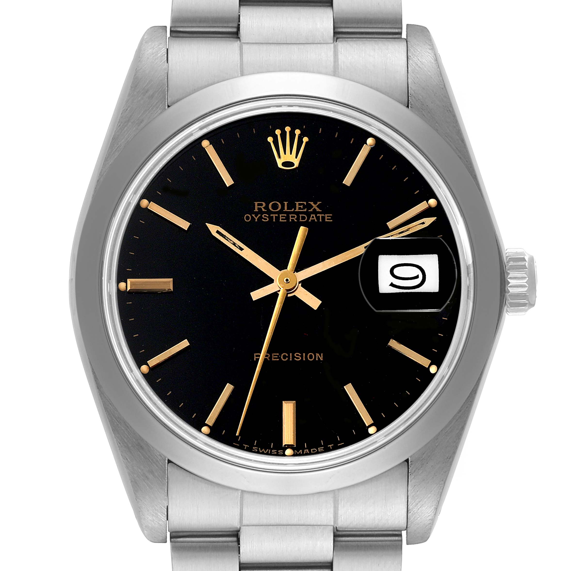 The Rolex Date 6694 Men's Stainless Steel Black Dial 6694 Men's Stainless Steel Black Dial watch is shown from a front angle, displaying the dial, bezel, crown, and part of the bracelet.