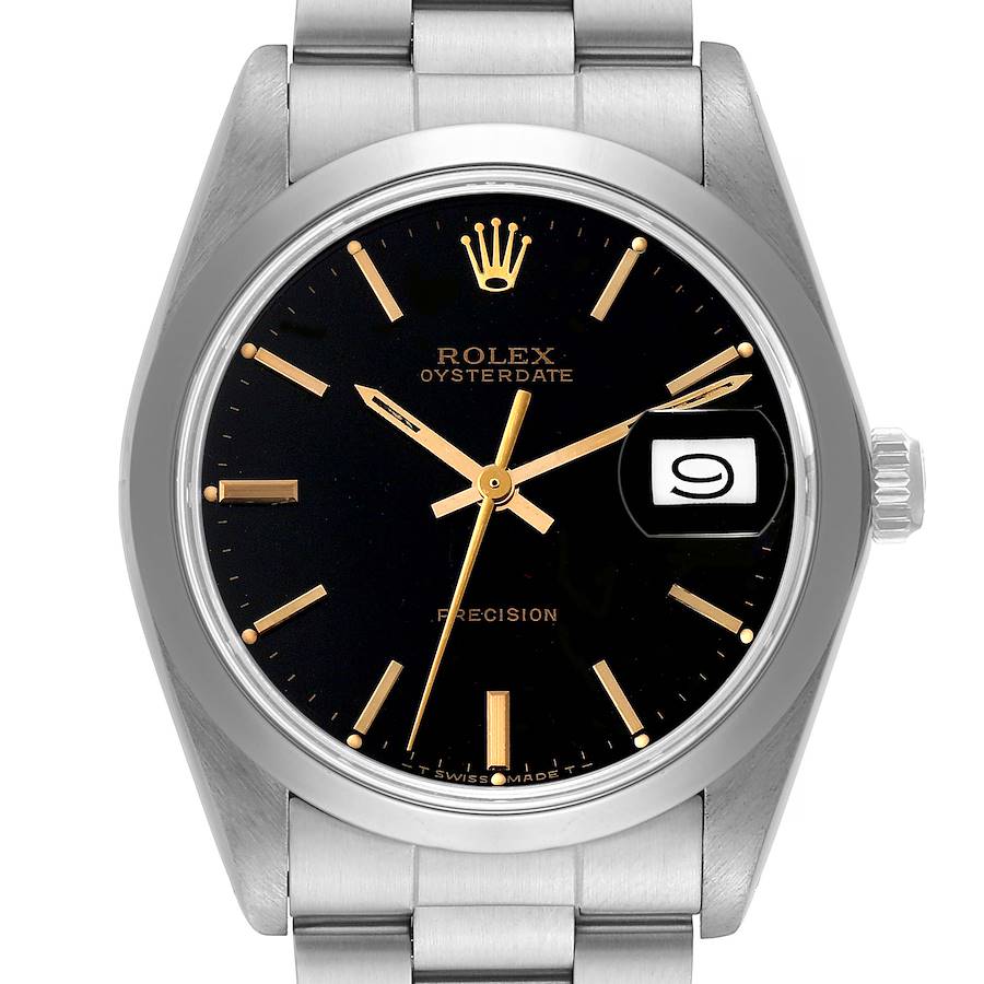 The Rolex Date 6694 Men's Stainless Steel Black Dial 6694 Men's Stainless Steel Black Dial watch is shown from a front angle, displaying the dial, bezel, crown, and part of the bracelet.