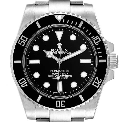 The image shows a front-facing view of the Rolex Submariner 114060 Men's Stainless Steel Black Dial 114060 Men's Stainless Steel Black Dial watch, highlighting its dial, bezel, and part of the bracelet.