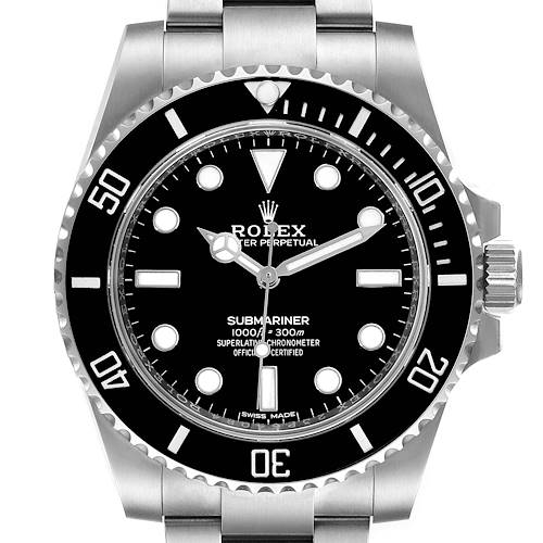 This image shows a front view of the Rolex Submariner 114060 Men's Stainless Steel Black Dial 114060 Men's Stainless Steel Black Dial watch, highlighting the dial, bezel, crown, and part of the bracelet.