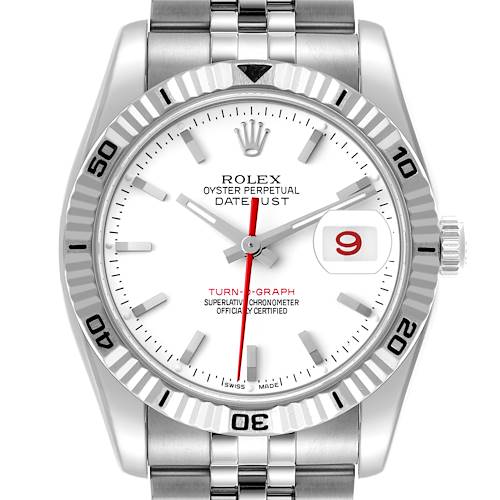 The image shows the Rolex Turn-o-Graph 116264 Men's Stainless Steel White Dial 116264 Men's Stainless Steel White Dial watch face-on, focusing on the dial, bezel, and part of the bracelet.