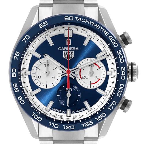 This image shows a front view of the Tag Heuer Carrera CBN2A1E.BA0643 Men's Stainless Steel Blue Dial CBN2A1E.BA0643 Men's Stainless Steel Blue Dial watch, displaying its face, bezel, and crown.