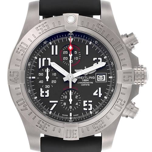 The Breitling Avenger E1338310/M536-109W Men's Titanium Grey Dial E1338310/M536-109W Men's Titanium Grey Dial watch is shown front-facing, highlighting the bezel, dial, sub-dials, and pushers.