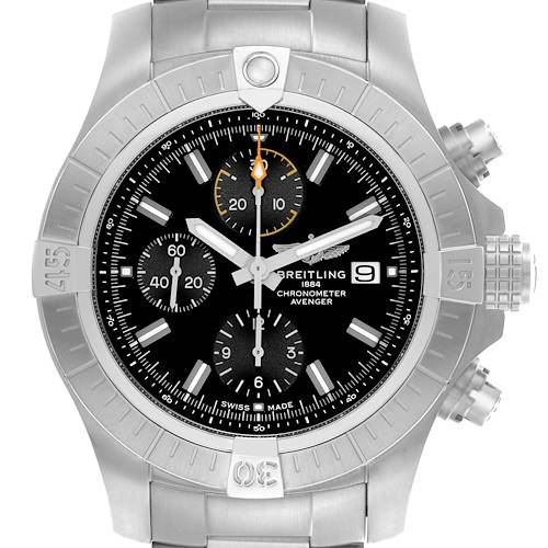 The Breitling Avenger A13317101B1A1 Men's Stainless Steel Black Dial A13317101B1A1 Men's Stainless Steel Black Dial watch is shown from the front, highlighting the dial, bezel, and chronograph features.