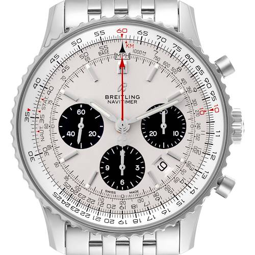 The Breitling Navitimer AB0121211G1A1 Men's Stainless Steel Silver Dial AB0121211G1A1 Men's Stainless Steel Silver Dial watch is shown from the front, displaying its dial, bezel, subdials, and bracelet.