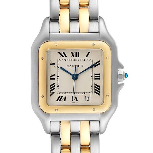 The image shows a front view of the Cartier Panthère watch, highlighting its rectangular face, Roman numerals, and two-tone bracelet.