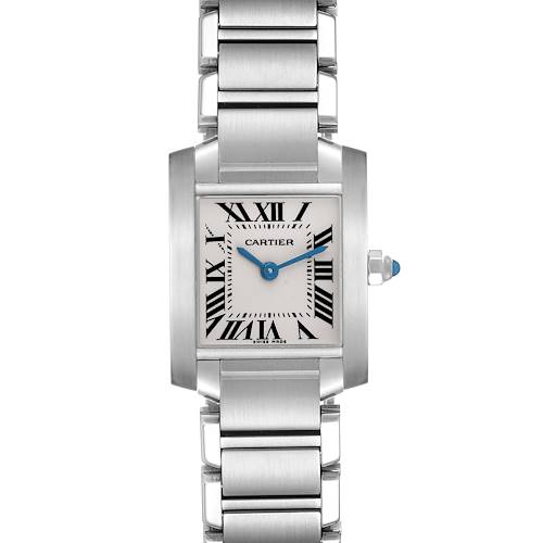 The Cartier Tank Francaise W51008Q3 Women's Stainless Steel Silver Dial W51008Q3 Women's Stainless Steel Silver Dial watch is shown from the front, highlighting the face, bracelet, and crown.