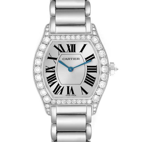 The Cartier Tortue WA5072W9 Women's White Gold Silver Dial WA5072W9 Women's White Gold Silver Dial watch is shown from a top-down angle, highlighting the dial, bezel, and bracelet.