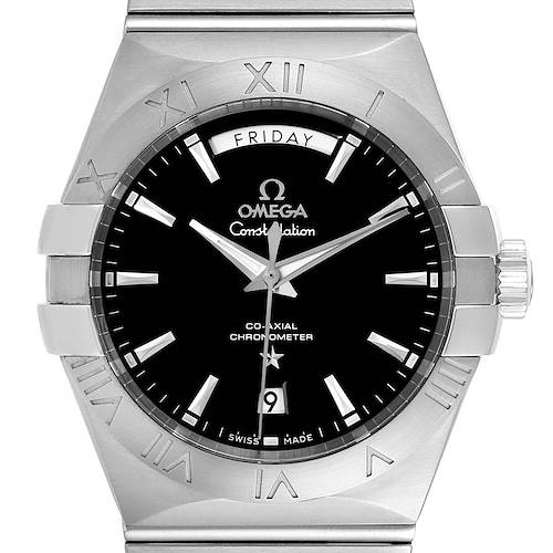 The image shows a front view of an Omega Constellation 123.10.38.22.01.001 Men's Stainless Steel Black Dial 123.10.38.22.01.001 Men's Stainless Steel Black Dial watch, displaying the black dial, Roman numeral bezel, and crown.
