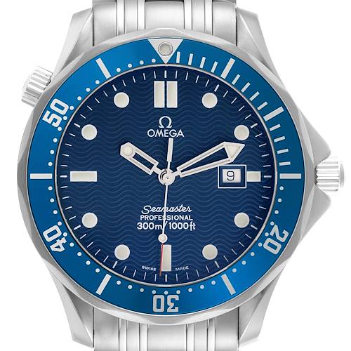 The Omega Seamaster 2541.80.00 Men's Stainless Steel Blue Dial 2541.80.00 Men's Stainless Steel Blue Dial watch is shown from the front, displaying the dial, bezel, crown, and part of the bracelet.