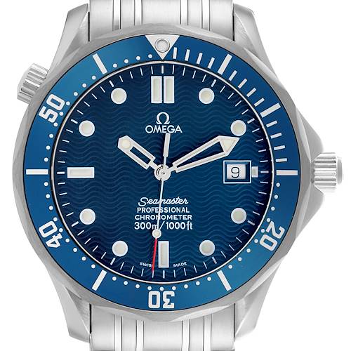 The Omega Seamaster 2531.80.00 Men's Stainless Steel Blue Dial 2531.80.00 Men's Stainless Steel Blue Dial watch is shown from the front, highlighting the blue dial, bezel, hands, date display, and stainless steel bracelet.