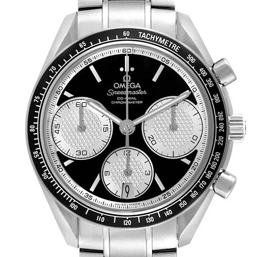 This image shows a front view of the Omega Speedmaster 326.30.40.50.01.002 Men's Stainless Steel Black Dial 326.30.40.50.01.002 Men's Stainless Steel Black Dial watch, highlighting its dial, sub-dials, tachymeter bezel, and bracelet.