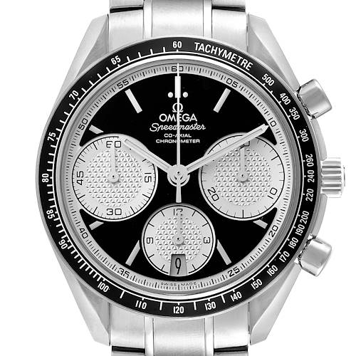 The image shows a front view of an Omega Speedmaster 326.30.40.50.01.002 Men's Stainless Steel Black Dial 326.30.40.50.01.002 Men's Stainless Steel Black Dial, displaying its dial, bezel, and part of the bracelet.