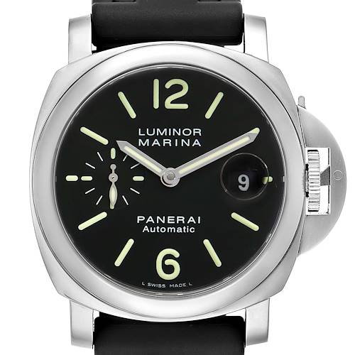 This image shows a front view of a Panerai Luminor PAM00104 Men's Stainless Steel Black Dial PAM00104 Men's Stainless Steel Black Dial Marina watch with a black dial and a visible cyclops date magnifier.