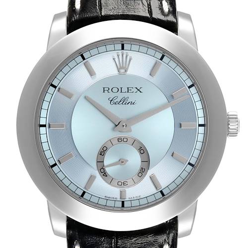 The Rolex Cellini 5241 Men's Platinum Blue Dial 5241 Men's Platinum Blue Dial watch is shown from a front angle, highlighting the dial, hands, and a leather strap.