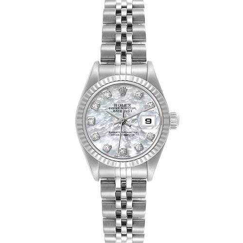 The Rolex Datejust 79174 Women's Stainless Steel Mother of Pearl Dial 79174 Women's Stainless Steel Mother of Pearl Dial watch is shown from a frontal view, displaying its dial, bracelet, and crown.