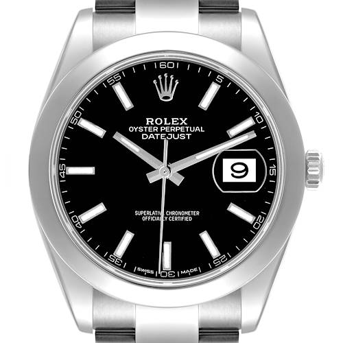The Rolex Datejust 41 126300 Men's Stainless Steel Black Dial 126300 Men's Stainless Steel Black Dial is shown from a front view highlighting the dial, bezel, and part of the bracelet.