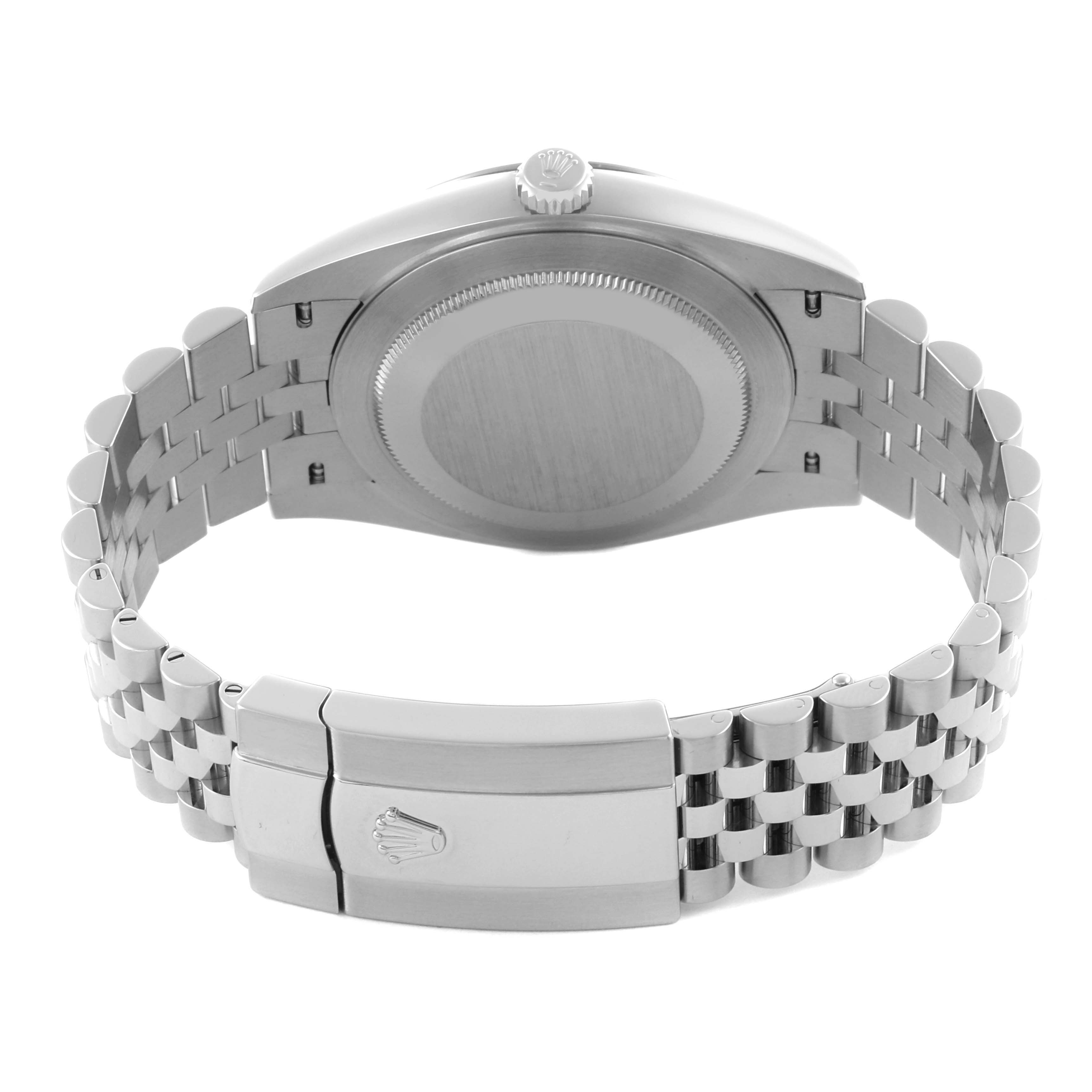 The image shows the back view of a Rolex Datejust 41 126334 Men's Stainless Steel Silver Dial 126334 Men's Stainless Steel Silver Dial, highlighting the case back, clasp, and Jubilee bracelet.